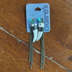 Crazy shark tooth turquoise long dangle earrings